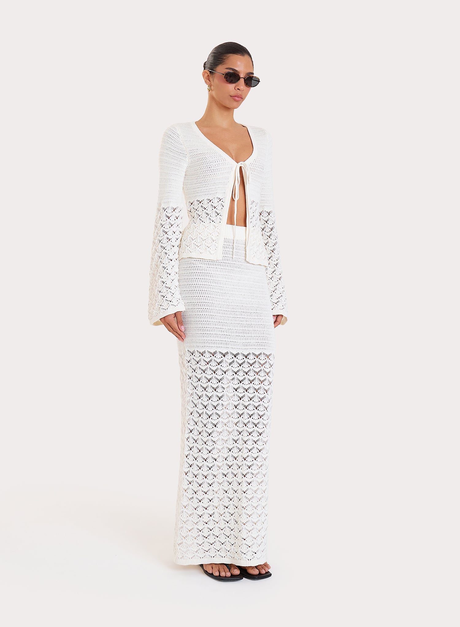 Cream Crochet Tie Front Longsleeve Top